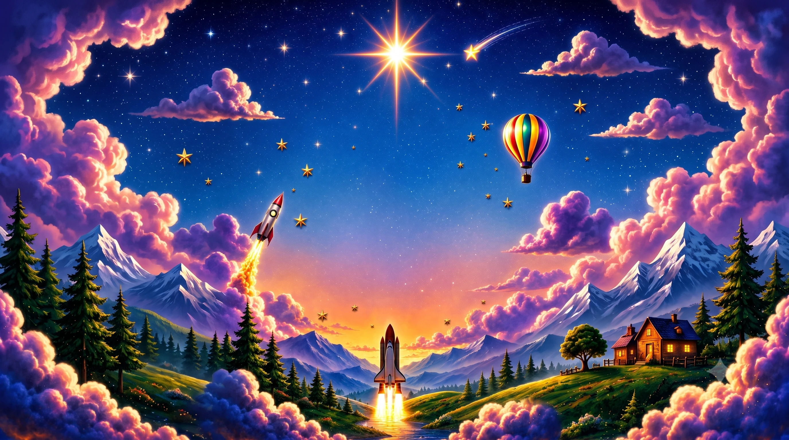 Dream Sparklers — a grandfather and grandson looking skyward at a magical starlit world